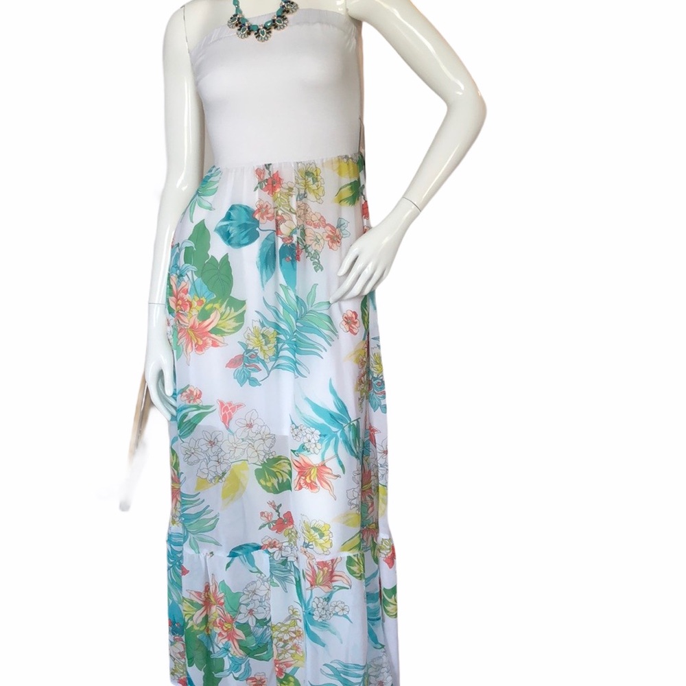 White and Floral Strapless Dress